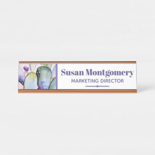 Pretty Watercolor Cactus & Blossoms Personalized Desk Name Plate