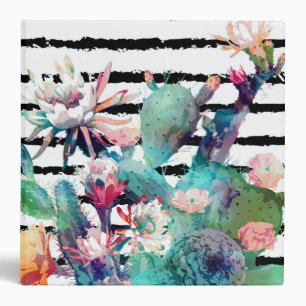 Pretty watercolor cactus floral and stripes design binder