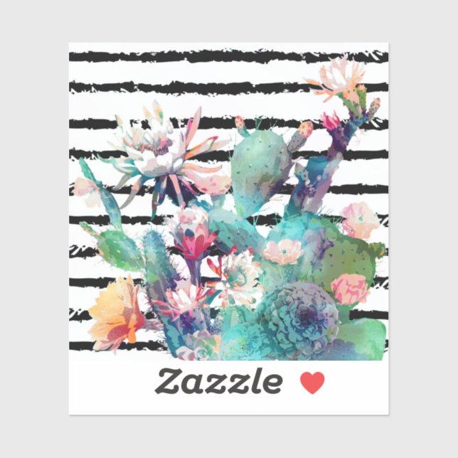 Pretty Watercolor Cactus Floral Black Stripes (Sheet)