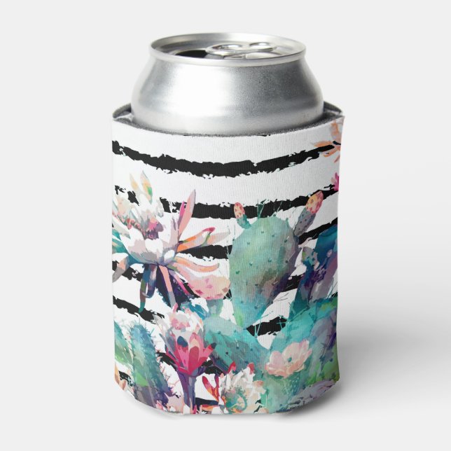 Pretty Watercolor Cactus Floral Black Stripes Can Cooler (Can Front)