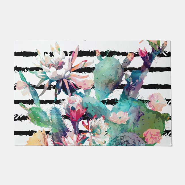 Pretty Watercolor Cactus Floral Black Stripes Doormat (Front)