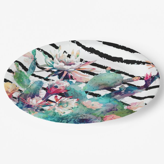 Pretty Watercolor Cactus Floral Black Stripes Paper Plate (Angled)