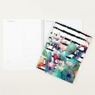 Pretty Watercolor Cactus Floral Black Stripes Planner