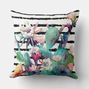 Pretty Watercolor Cactus Floral Black Stripes Throw Pillow