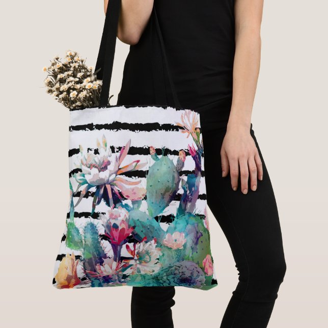 Pretty Watercolor Cactus Floral Black Stripes Tote Bag (Close Up)