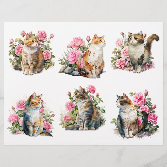 Pretty Watercolor Cats in a Pink Rose Patch (Front)