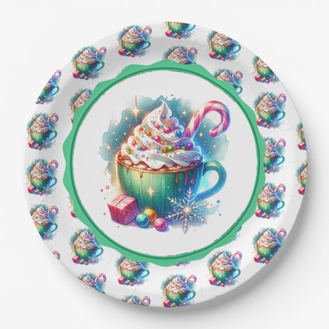 Pretty Watercolor Christmas Cup of Hot Cocoa Paper Plate (Front)