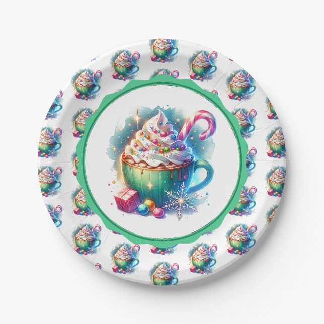Pretty Watercolor Christmas Cup of Hot Cocoa Paper Plate (Front)