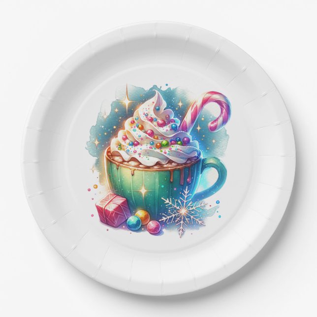 Pretty Watercolor Christmas Cup of Hot Cocoa Paper Plate (Front)