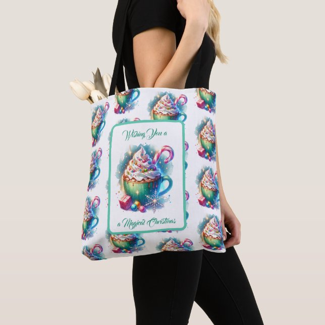 Pretty Watercolor Christmas Cup of Hot Cocoa Tote Bag (Close Up)