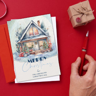 Pretty Watercolor Christmas House Festive Holiday Card