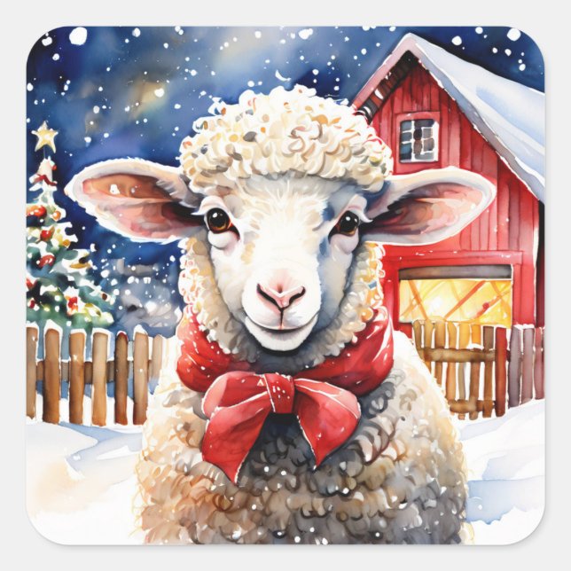 Pretty Watercolor Christmas Sheep and Rustic Barn Square Sticker (Front)