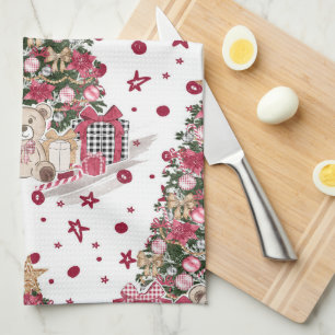 PRETTY WATERCOLOR CHRISTMAS TREE WITH TEDDY BEARS KITCHEN TOWEL