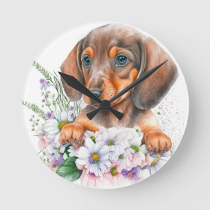 Pretty Watercolor Dachshund Puppy Floral  Round Clock