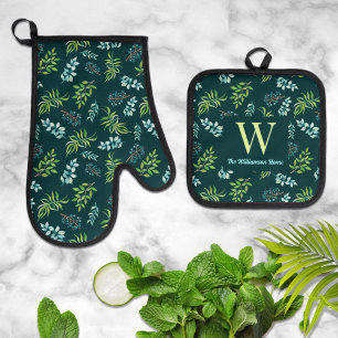 Pretty Watercolor Dark Floral Personalized  Oven Mitt & Pot Holder Set