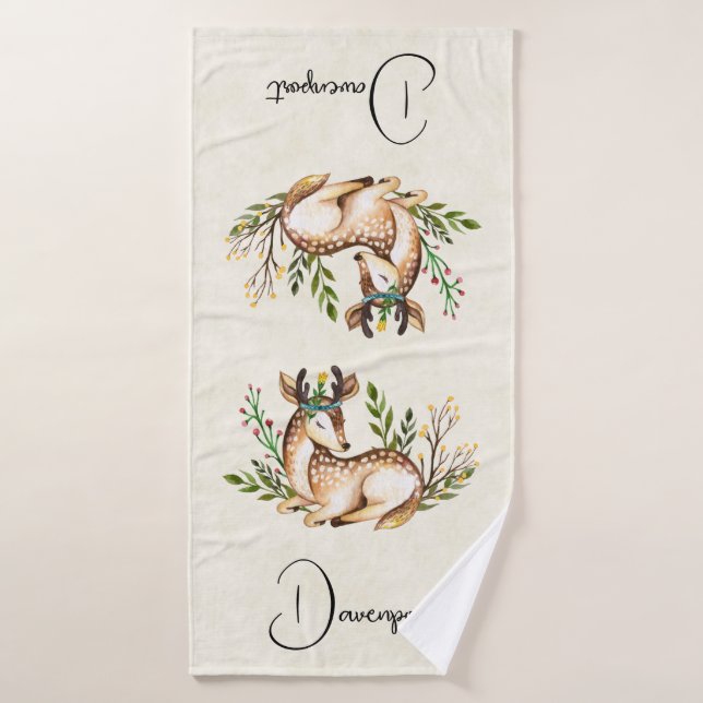 Pretty Watercolor Deer Laying Down Boho Bath Towel Set (Bath Towel)