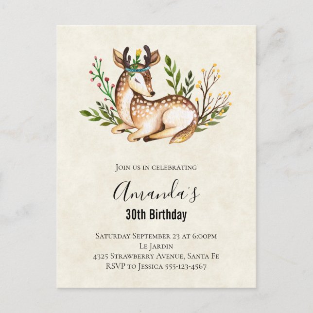 Pretty Watercolor Deer Laying Down Boho Birthday Postcard (Front)