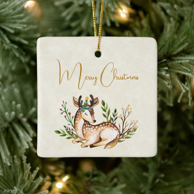Pretty Watercolor Deer Laying Down Boho Ceramic Ornament (Tree)