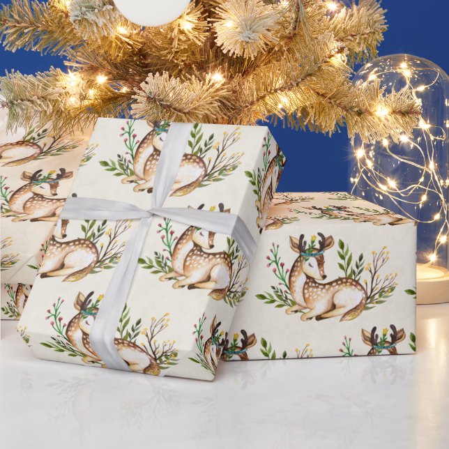 Pretty Watercolor Deer Laying Down Boho Christmas Wrapping Paper (Holidays)