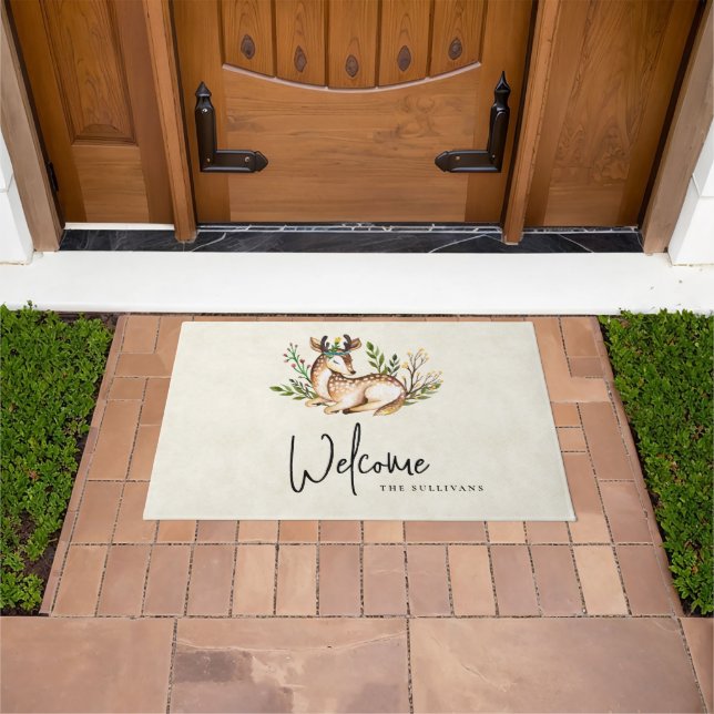Pretty Watercolor Deer Laying Down Boho Doormat (Outdoor)
