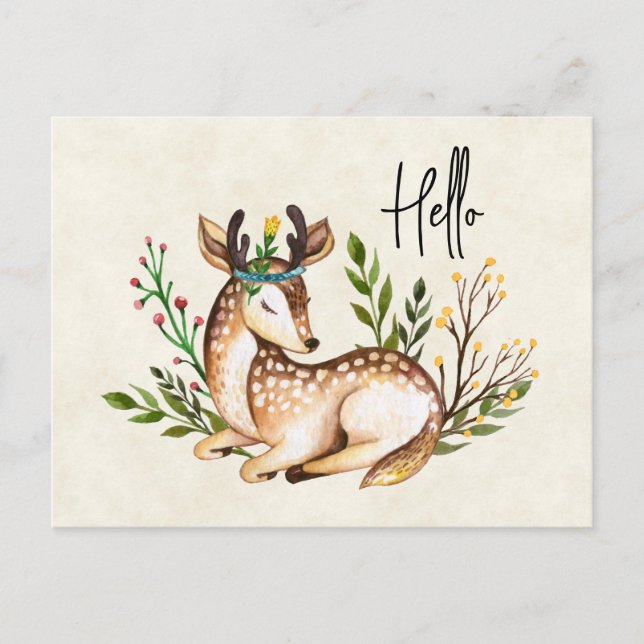 Pretty Watercolor Deer Laying Down Boho Holiday Postcard (Front)