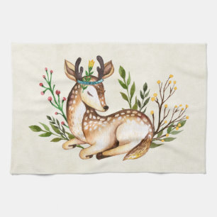 Pretty Watercolor Deer Laying Down Boho Kitchen Towel