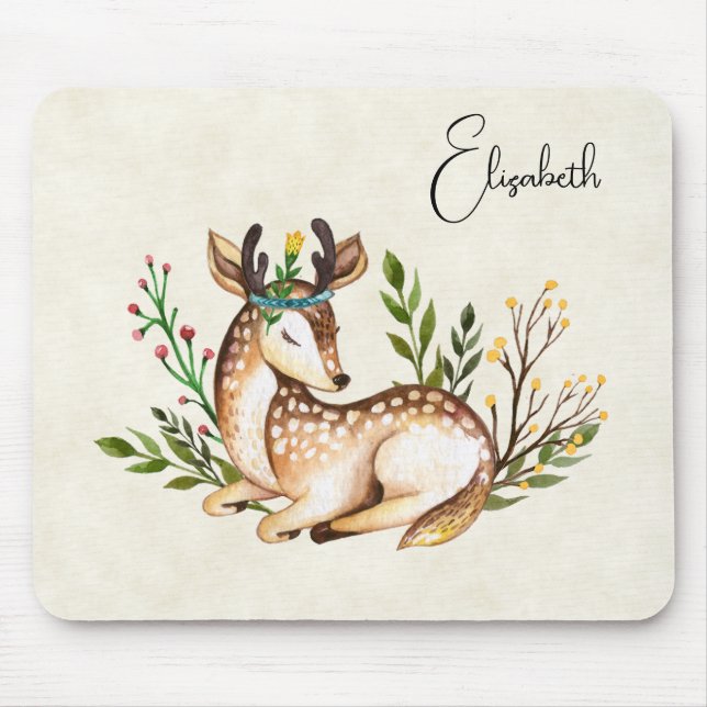 Pretty Watercolor Deer Laying Down Boho Mouse Pad (Front)