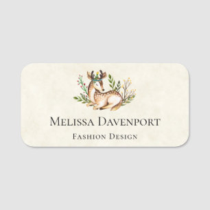 Pretty Watercolor Deer Laying Down Boho Name Tag