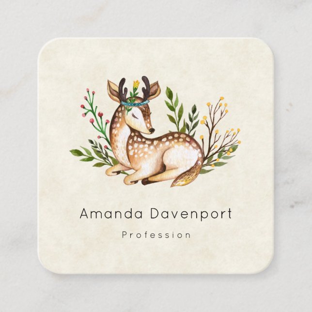 Pretty Watercolor Deer Laying Down Boho Square Business Card (Front)