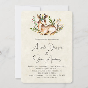 Pretty Watercolor Deer Laying Down Boho Wedding Invitation
