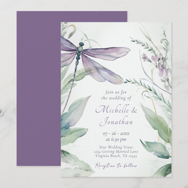 Pretty Watercolor Dragonfly and Greenery Wedding Invitation (Front/Back)
