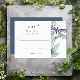 Pretty Watercolor Dragonfly and Greenery Wedding RSVP Card