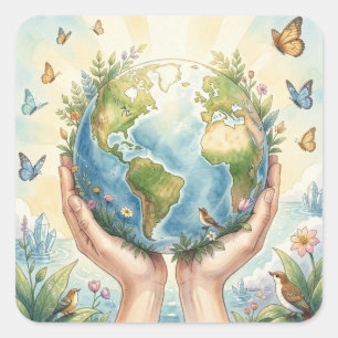 Pretty Watercolor Earth, Butterflies and Birds Square Sticker