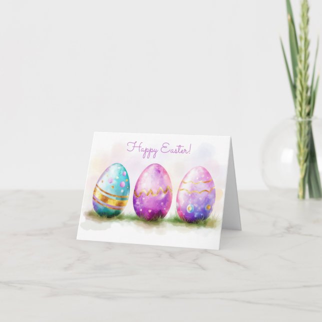 Pretty Watercolor Easter Eggs Holiday Card (Front)