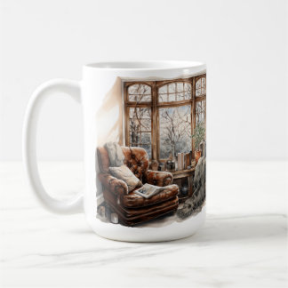 PRETTY WATERCOLOR FALL READING ROOM SCENE COFFEE MUG