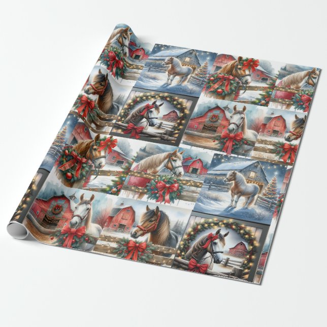 Pretty Watercolor Festive Horses Christmas Wrapping Paper (Unrolled)