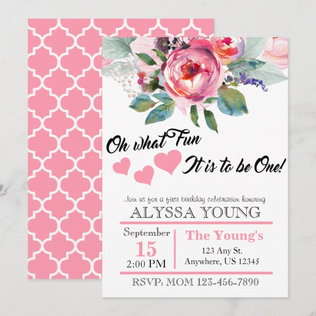 Pretty Watercolor Floral 1st Birthday Invitation (Front/Back)