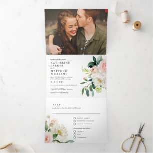 Pretty Watercolor Floral All-In-One Photo Wedding Tri-Fold Invitation