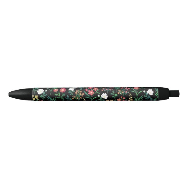 Pretty Watercolor Floral Black Botanical Ink Pen (Front)