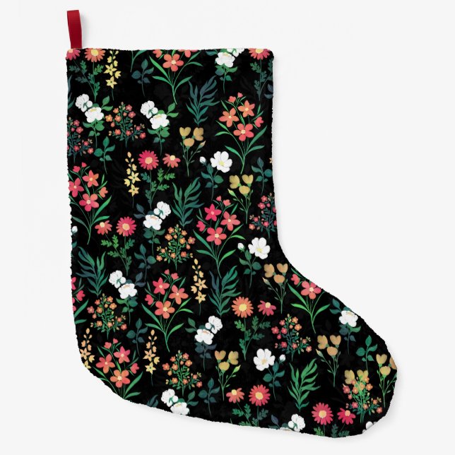 Pretty Watercolor Floral Black Botanical Large Christmas Stocking (Front)