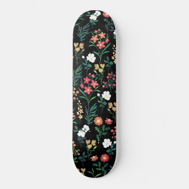 Pretty Watercolor Floral Black Botanical Skateboard (Front)