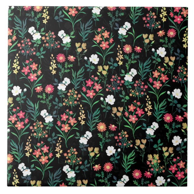 Pretty Watercolor Floral Black Botanical Tile (Front)