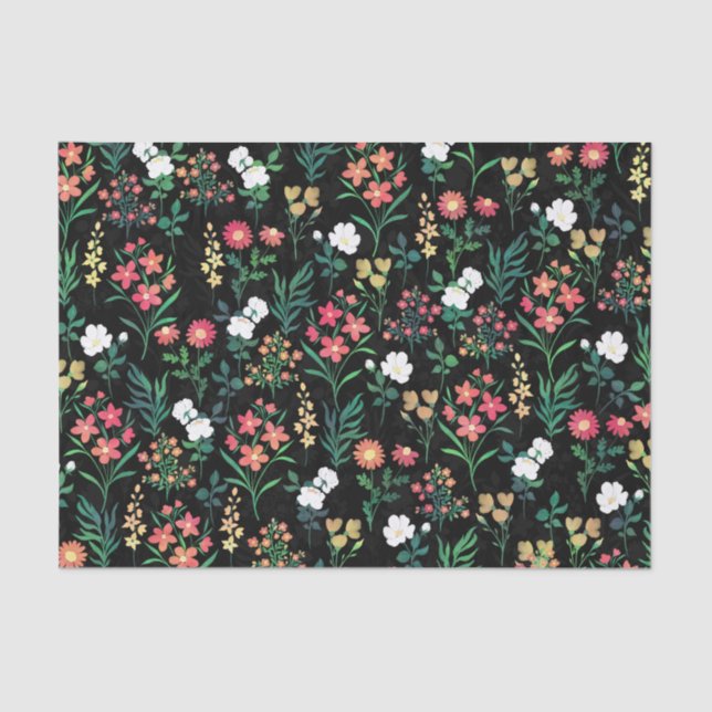 Pretty Watercolor Floral Black Botanical Tissue Paper (Front)