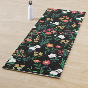 Pretty Watercolor Floral Black Botanical Yoga Mat