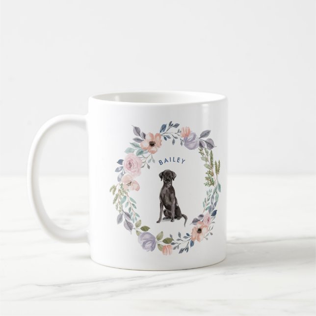 Pretty Watercolor Floral | Black Lab Dog Coffee Mug (Left)