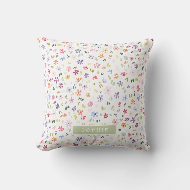 Pretty Watercolor Floral Blooming Custom Name Throw Pillow (Front)