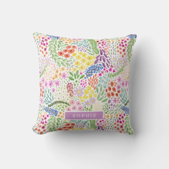 Pretty Watercolor Floral Blooming Custom Name Throw Pillow (Front)