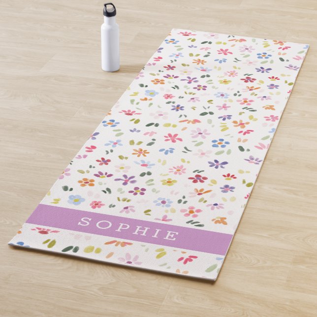 Pretty Watercolor Floral Blooming Custom Name Yoga Mat (In Situ)