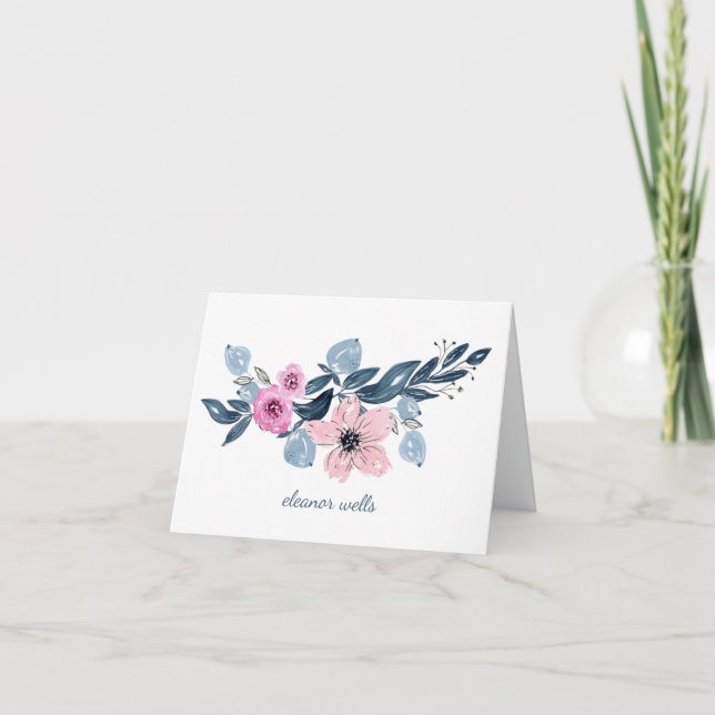 Pretty Watercolor Floral Blue Pink Personalized Note Card (Front)