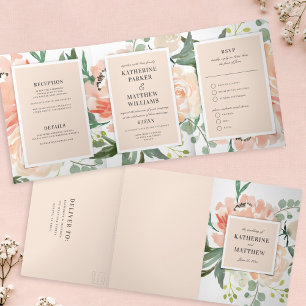 Pretty Watercolor Floral Blush All-In-One Wedding Tri-Fold Invitation